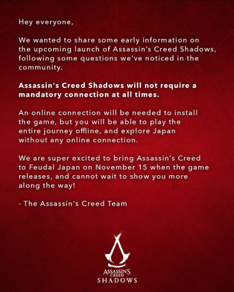 Официально: Assassin's Creed Shadows не нуждается в постоянном подключении к интернету