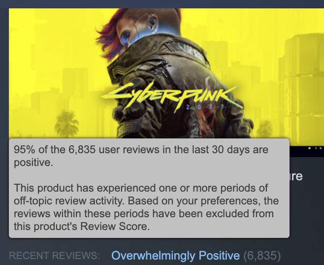 В 2020 это казалось невозможным: 95% рецензий Cyberpunk 2077 в Steam за последние 30 дней - исключительно положительные