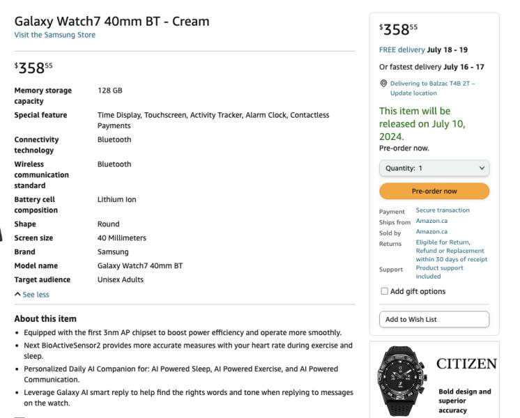 Galaxy AI, 3-нм AP и датчики: Amazon Canada раскрыл характеристики Galaxy Watch 7