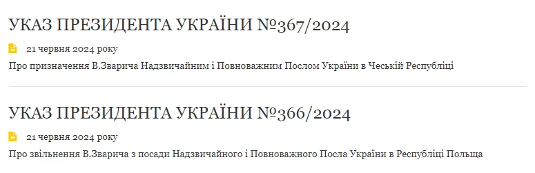 Зеленский уволил Зварыча с должности посла Польши и отправил в другую страну