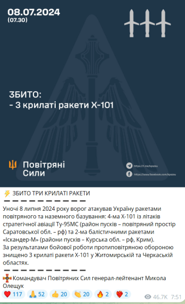 Российская атака 8 июля: удалось сбить половину запущенных ракет