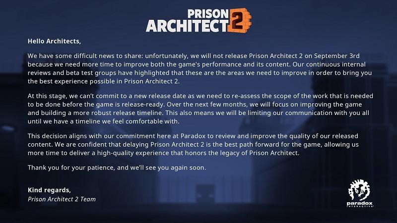 В тюрьме большие проблемы: Paradox Interactive объявила об очередном переносе релиза Prison Architect 2