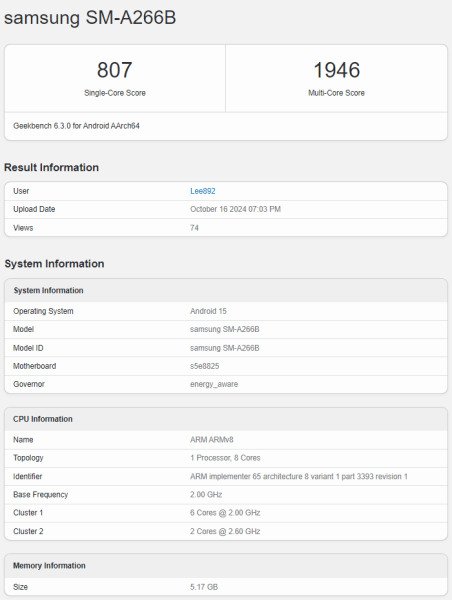 Samsung Galaxy A26 5G замечен в базе данных Geekbench с улучшенным чипом Exynos 1280