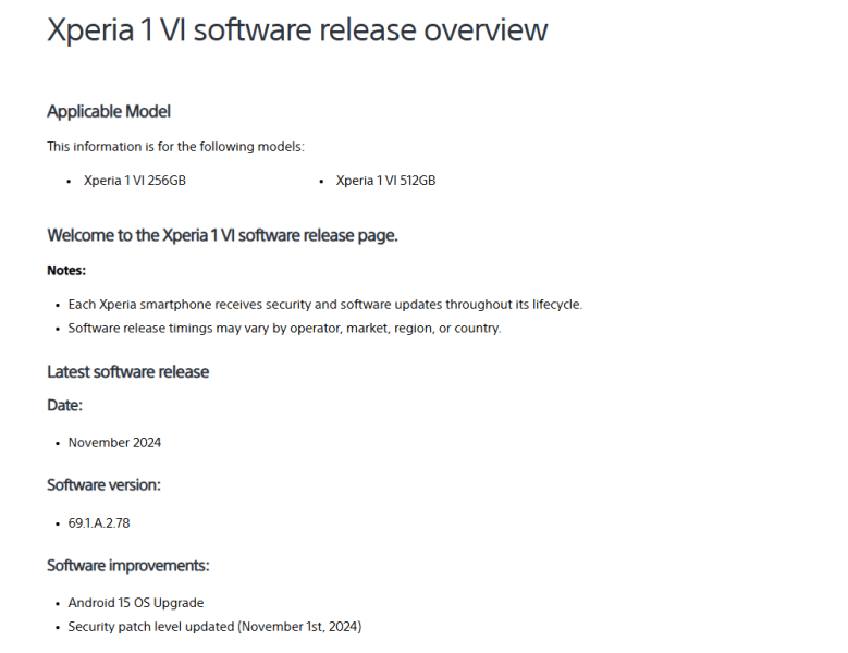 Пользователи Sony Xperia 1 VI начали получать обновление до Android 15 с новейшим патчем безопасности