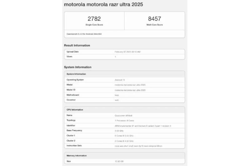 Motorola Razr Ultra 2025 с новым чипом Snapdragon 8 Elite появился на Geekbench