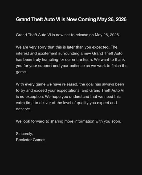 Срочная новость от Rockstar Games! GTA VI не выйдет в 2025 году