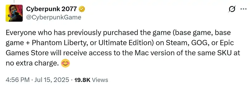 Cyberpunk 2077 выйдет на Mac уже 17 июля: покупать игру дважды не придется