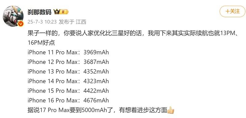 Такого у Apple еще не было: iPhone 17 Pro Max может получить аккумулятор на 5000 мАч