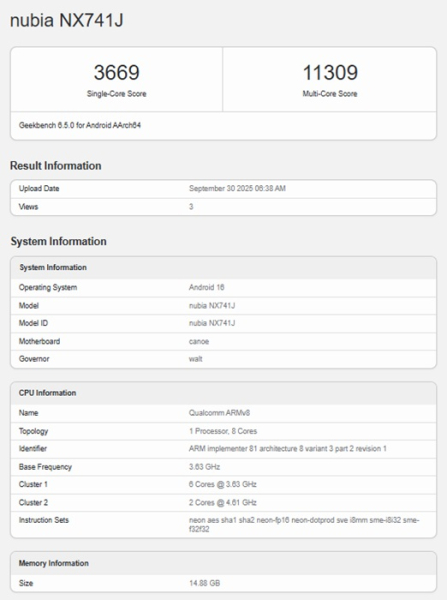 Nubia Z80 Ultra Geekbench тест
