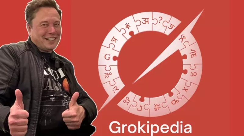 Коллаж отдает дань технологии: Илон Маск и бренд Grokipedia на одной сцене