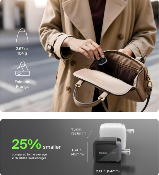 Belkin представила компактную GaN-зарядку BoostCharge Pro мощностью 70 Вт с тремя портами и складной вилкой