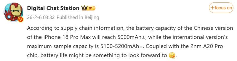 Инсайдер: iPhone 18 Pro Max получит рекордную для бренда емкость аккумулятора — более 5000 мАч
