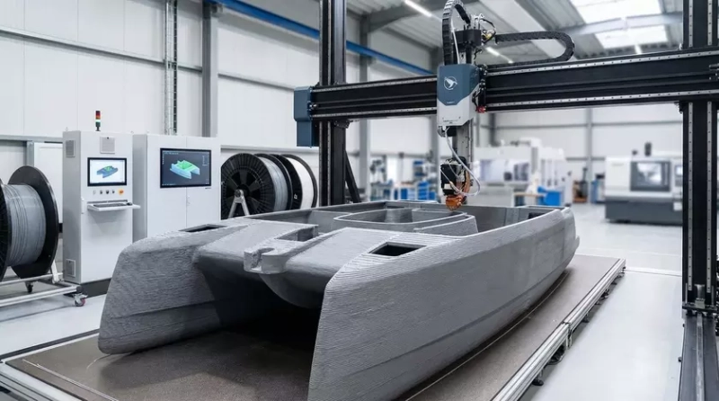 Процесс 3D-печати монолитного корпуса катамарана роботом-манипулятором