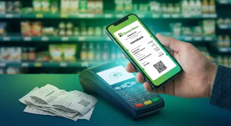 Электронный чек в смартфоне на фоне кассы магазина