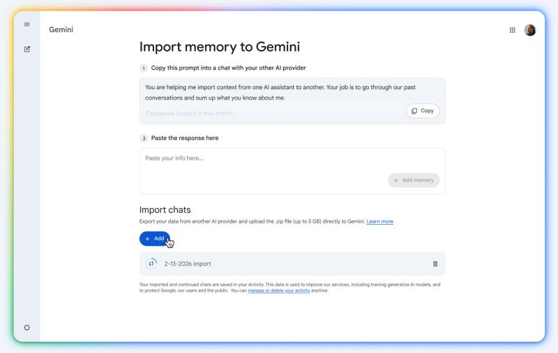 Процесс импорта данных в Google Gemini