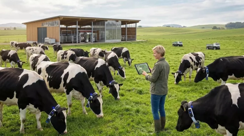 Корова с умным ошейником Halter на пастбище