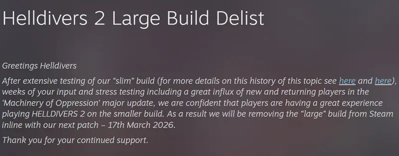 PC-версия Helldivers 2 похудеет на 131 ГБ уже в середине марта — тяжелый билд удалят из Steam