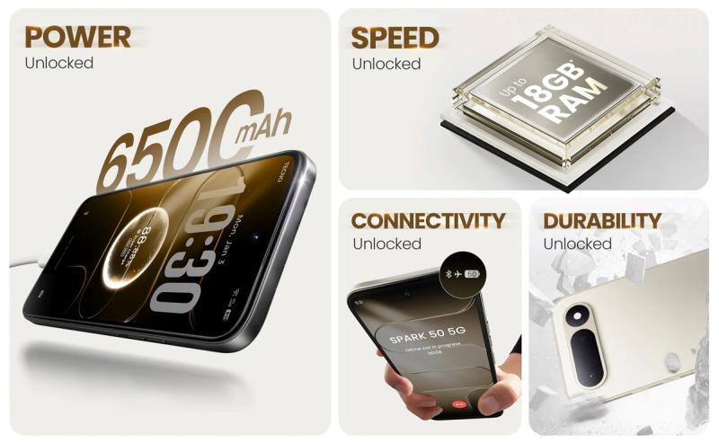 Tecno Spark 50 5G: Аккумулятор на 6500 мА/ч и Android 16 за умеренные деньги