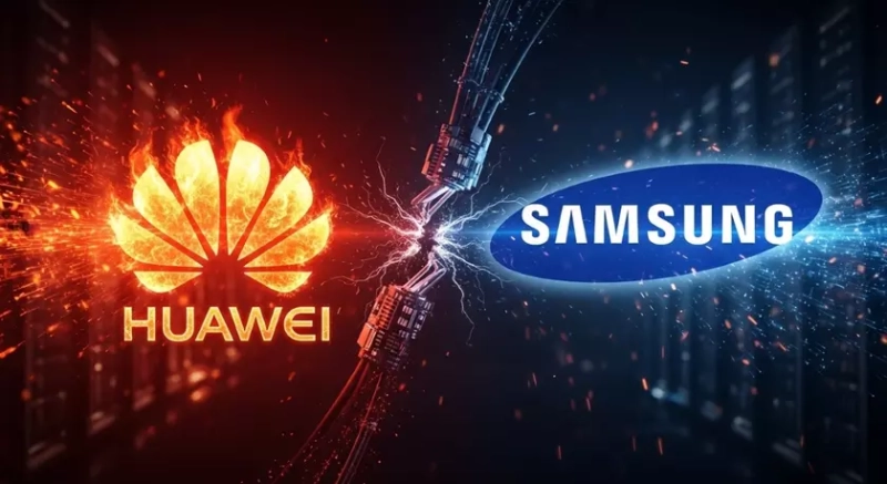 Логотип Huawei на фоне технологических схем