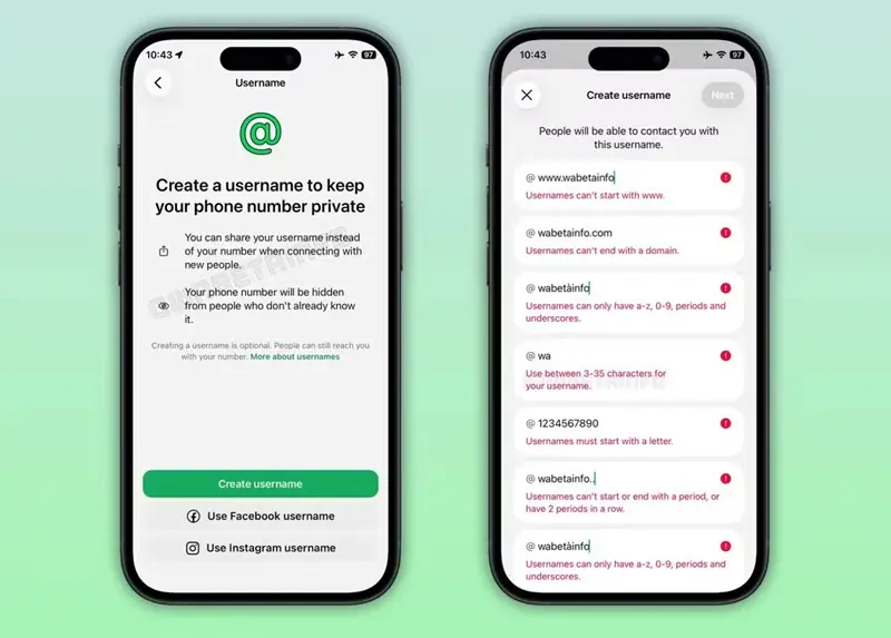 Интерфейс настройки юзернейма в WhatsApp