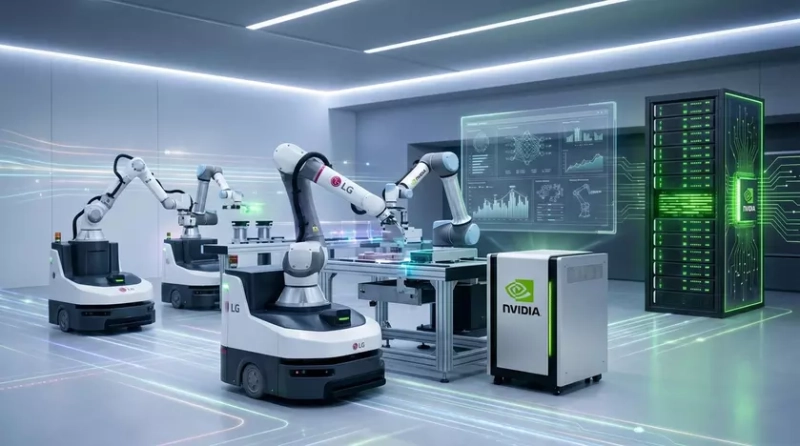 Логотипы LG и Nvidia на фоне технологических платформ