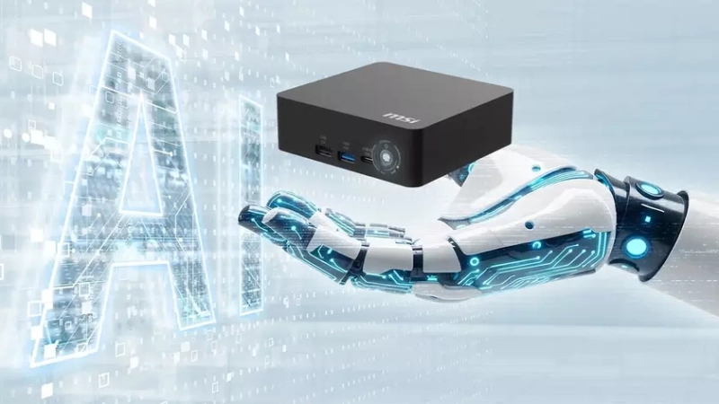 Мини-ПК MSI Cubi NUC AI+ на фоне монитора