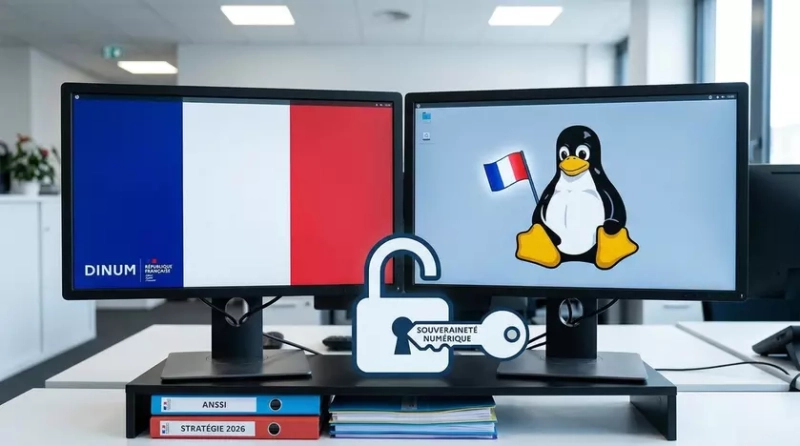 Флаг Франции и логотип Linux на экране монитора