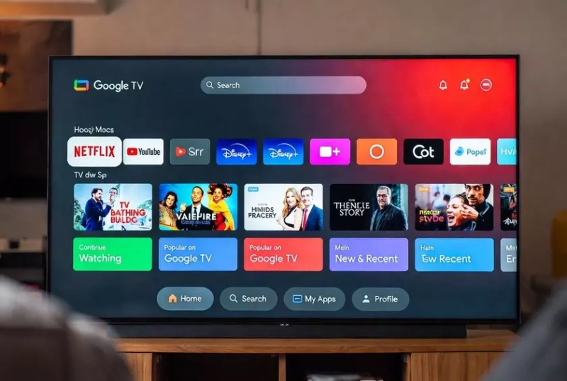 Интерфейс Google TV на экране телевизора
