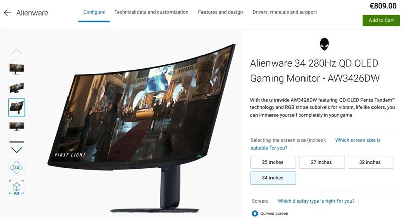 На европейский рынок выходит новый изогнутый QD-OLED-монитор от Alienware с частотой 280 Гц и покрытием Penta Tandem