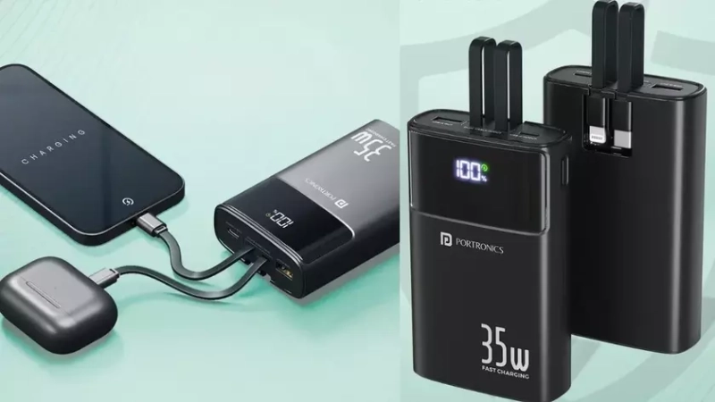 Павербанк Portronics Titan 35 со встроенными кабелями-ремешками