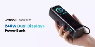 JOYROOM раскрыла суперпауэрбанк PODIX PR70 на 240 Вт с двумя экранами и встроенными кабелями