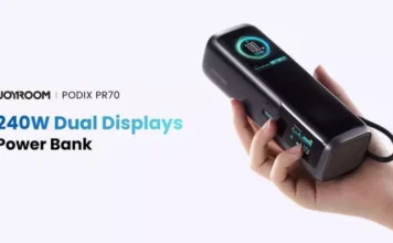 JOYROOM раскрыла суперпауэрбанк PODIX PR70 на 240 Вт с двумя экранами и встроенными кабелями