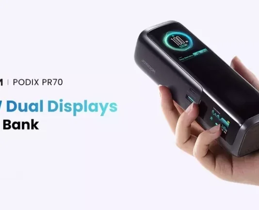 JOYROOM раскрыла суперпауэрбанк PODIX PR70 на 240 Вт с двумя экранами и встроенными кабелями