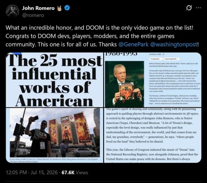 Легендарный шутер DOOM вошел в список из двадцати пяти самых влиятельных произведений американской культуры