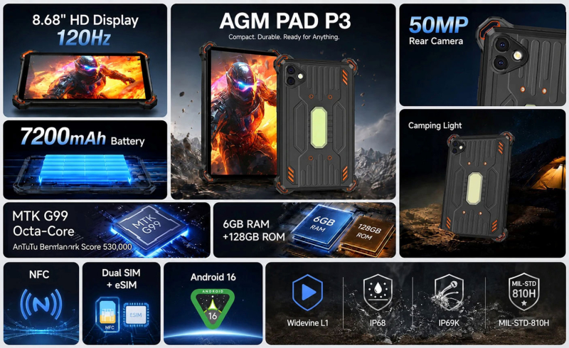 AGM Pad P3 Compact: бронированный планшет с фонариком и экраном 120 Гц