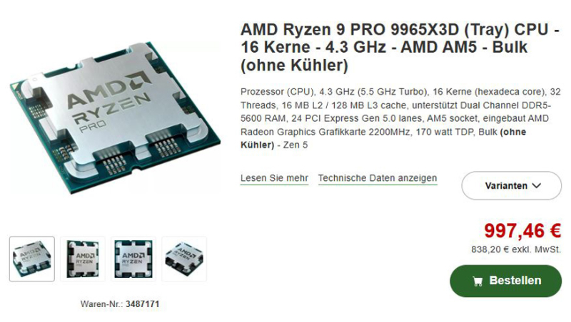 AMD Ryzen 9 PRO 9965X3D вышел в свободную продажу: профессиональная мощь по двойной цене