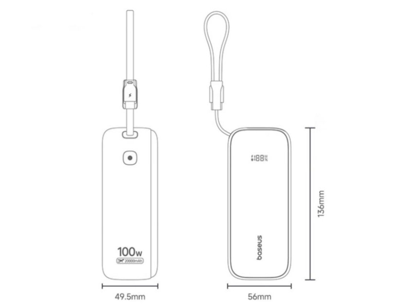Baseus выпустила пауэрбанк на 20 000 мА/г с зарядкой 100 Вт и выдвижным USB-C за