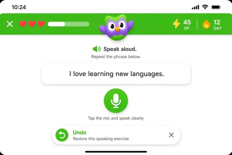 Интерфейс приложения Duolingo с новой кнопкой