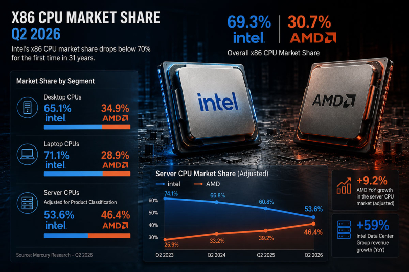 Intel теряет хватку: доля рынка x86 упала ниже 70% впервые за 31 год