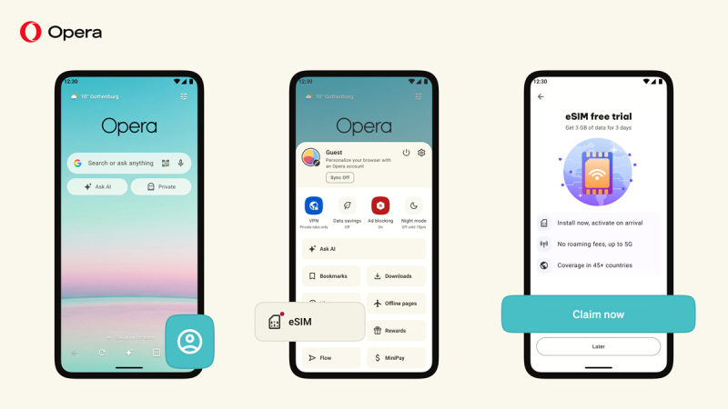 Opera добавила в Android-браузер бесплатную eSIM с 3 ГБ интернета