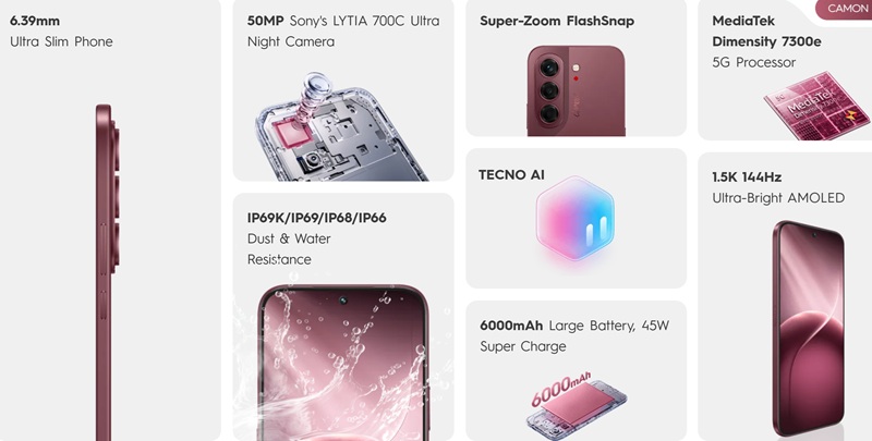 Tecno представила Camon Slim 5G — элегантный ультратонкий смартфон, который выглядит отлично, работает долго и ничего не боится