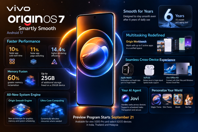 Vivo представила глобальную OriginOS 7 на Android 17: до пяти приложений одновременно, Jovi AI и поддержка Apple Watch