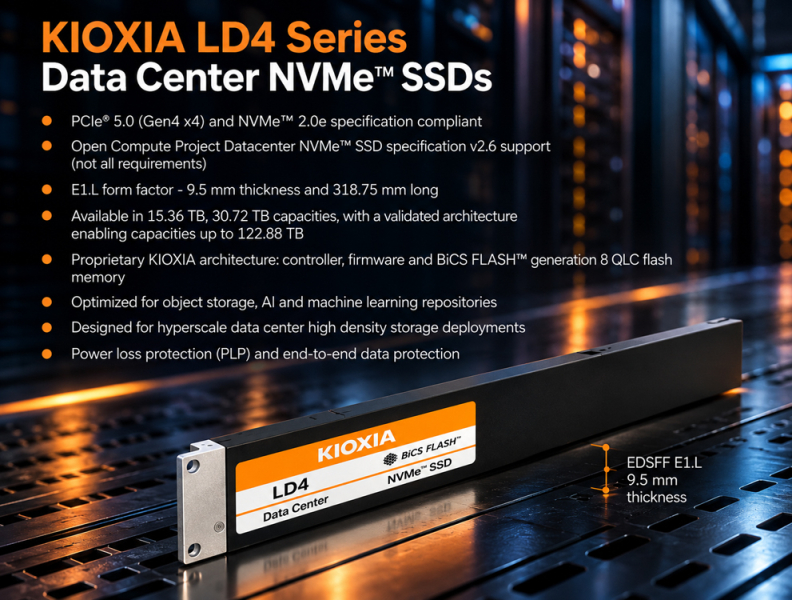 До 122 ТБ на одну «линейку»: Kioxia представила серверные SSD серии LD4