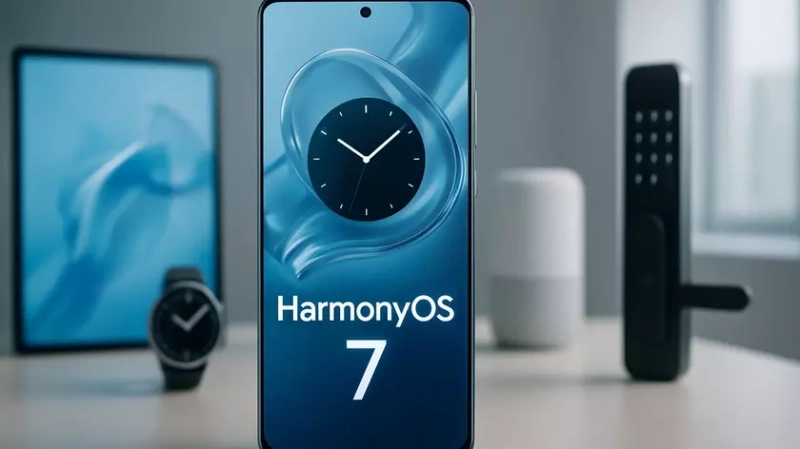Смартфон Huawei с HarmonyOS 7 в высокотехнологичной среде