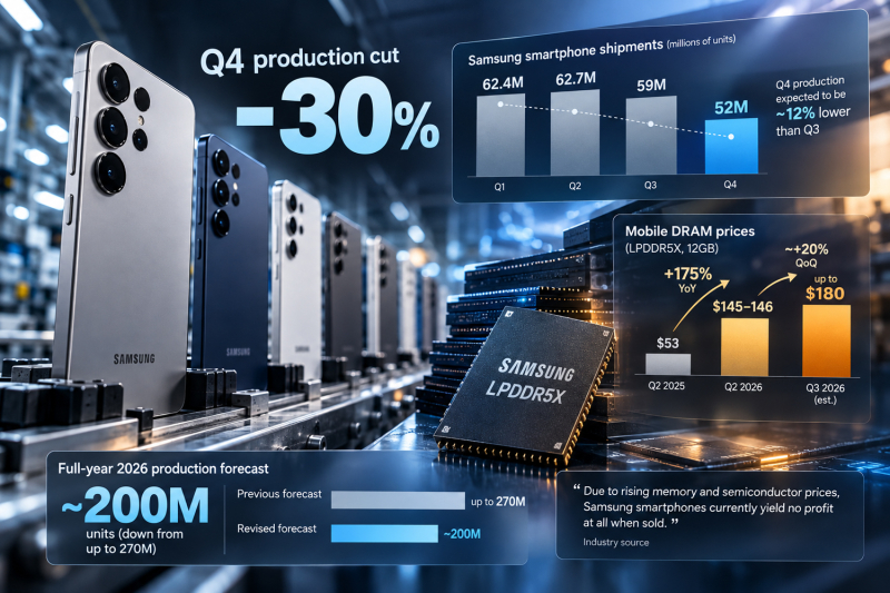 Samsung сокращает производство смартфонов на 30%: собственная память стала слишком дорогой