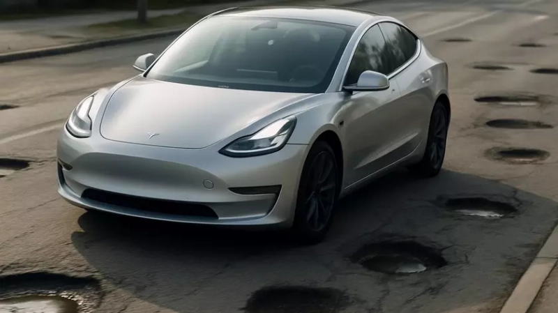 Tesla объезжает ямы на дороге
