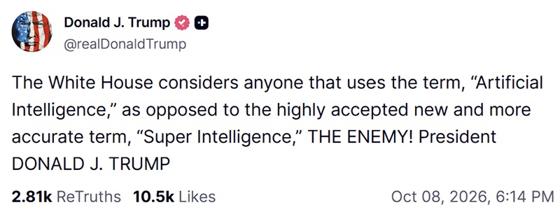 Трамп определил нового врага — это все, кто не использует название “суперинтеллект”