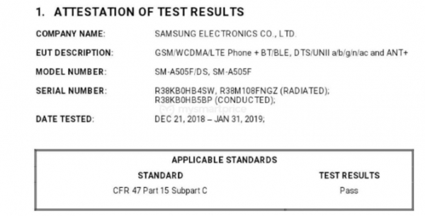 Samsung Galaxy A50 в FCC: 6.22-дюймовый дисплей и поддержка Bluetooth 5.0